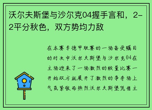 沃尔夫斯堡与沙尔克04握手言和，2-2平分秋色，双方势均力敌
