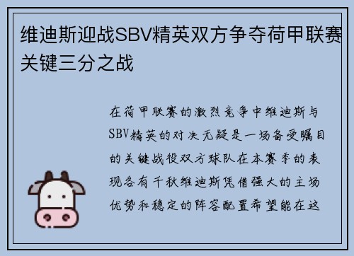 维迪斯迎战SBV精英双方争夺荷甲联赛关键三分之战